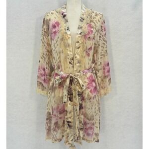 California Dynasty Floral Lace Robe MEDIUM Pink Vintage Romantic Lightweight